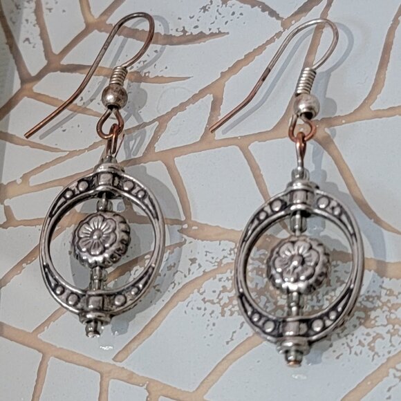 Vintage Filigree Silver Earrings Sphere Hoop Earrings Drop Dangle Silver Tone - Picture 1 of 4